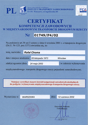 Certyfikat kompetencji Rafał Choma