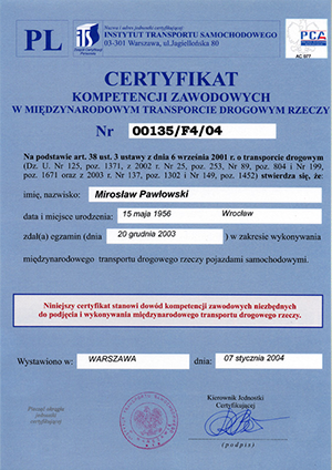 Certyfikat kompetencji Mirosław Pawłowski